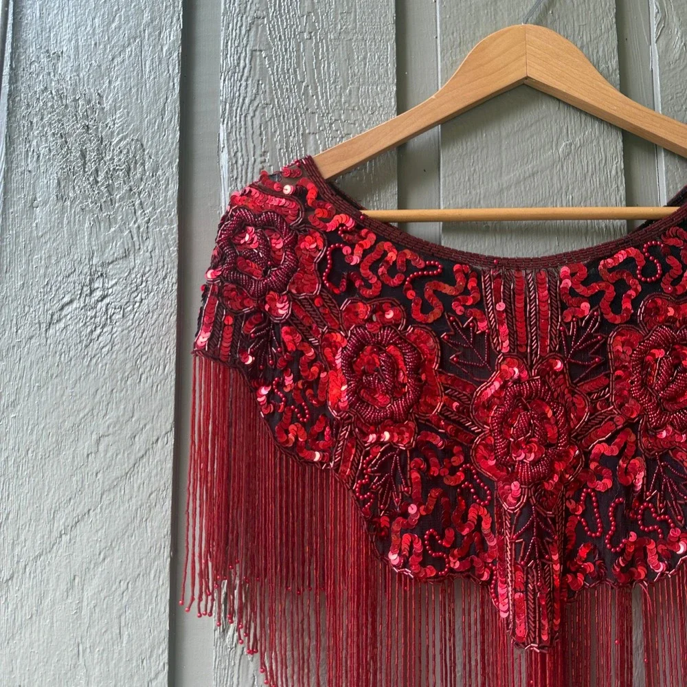Vintage Beaded Sequin Fringe Capelet Shrug Womens One Size Red Floral Wrap